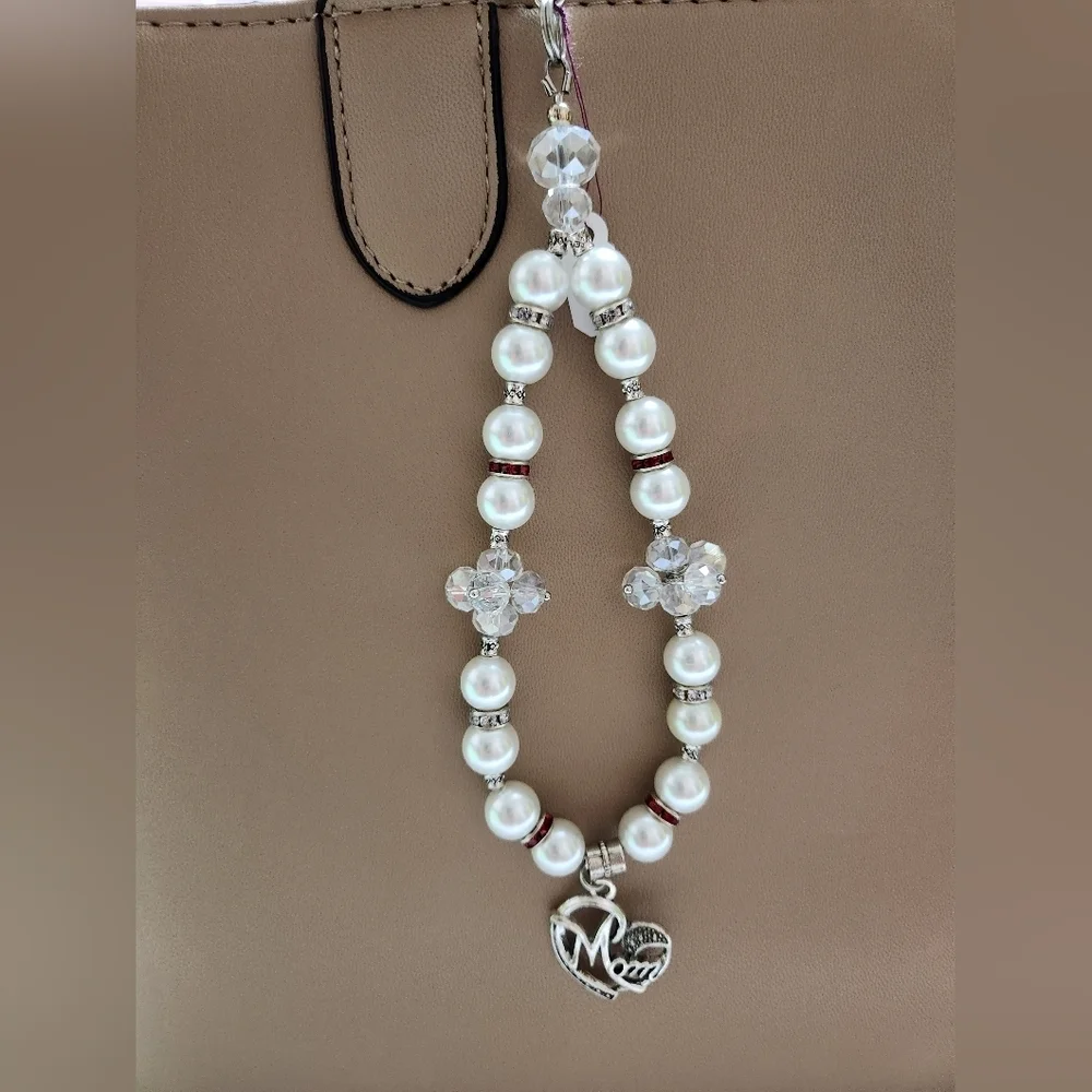 Hand Crafted Purse/Bag Charm Faux Pearls Crystals with Mom Pendant 8 1/4 inches